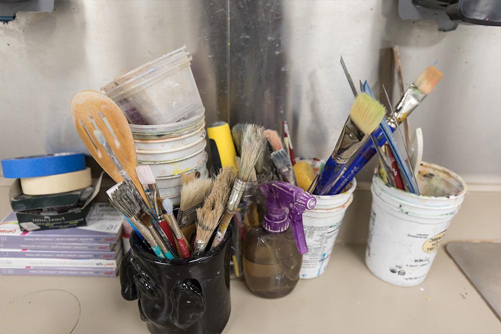 A detail of art supplies in the art studio